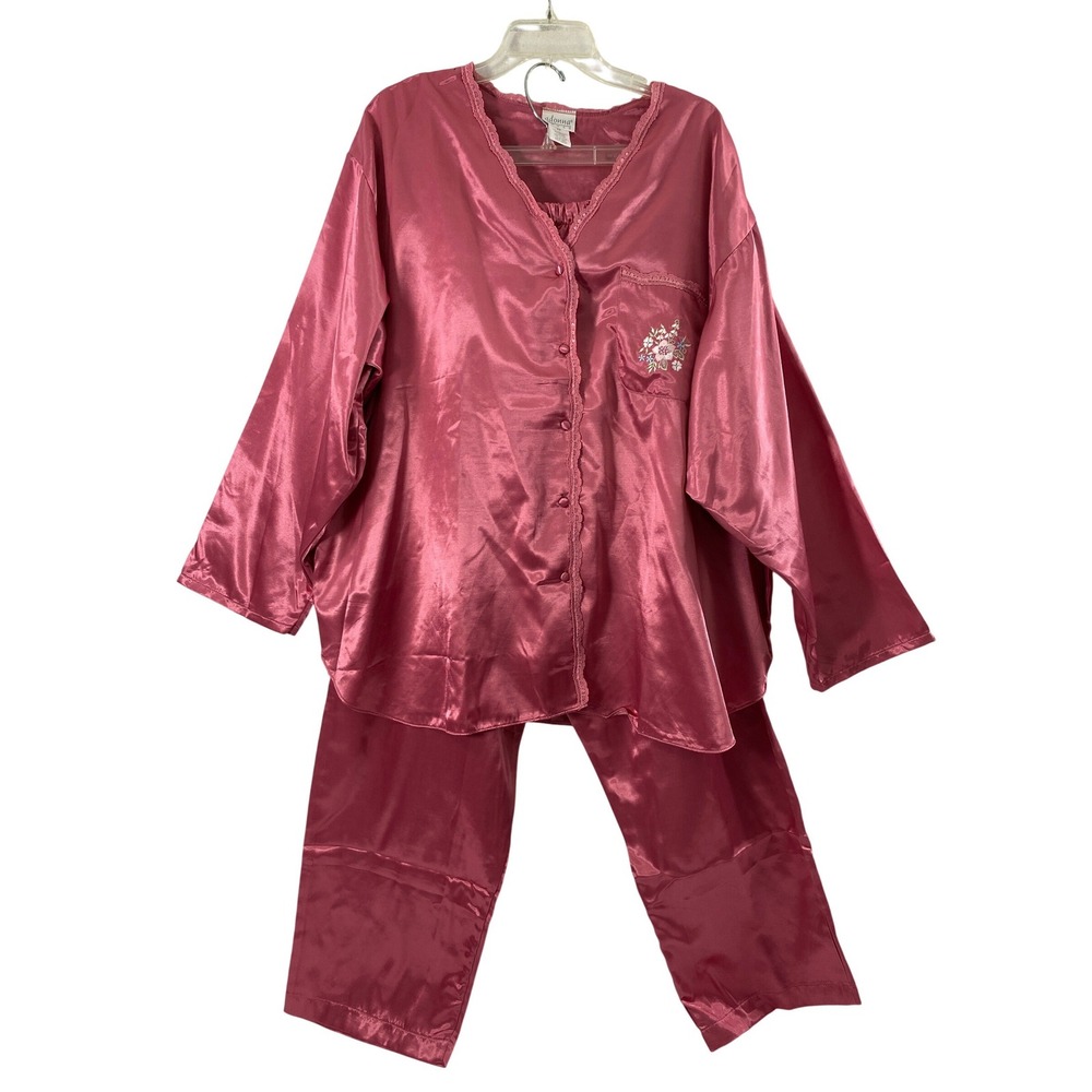 Adonna Satin Embroidered Pajama Set‎ Womens 2X Pink Embroidered Long Sleeve